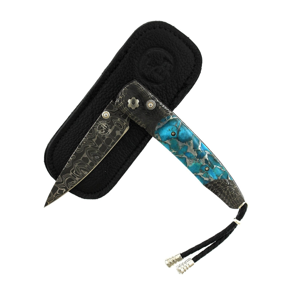 Damascus Steel Turquoise and White Topaz Knife, Steel, Long's Jewelers