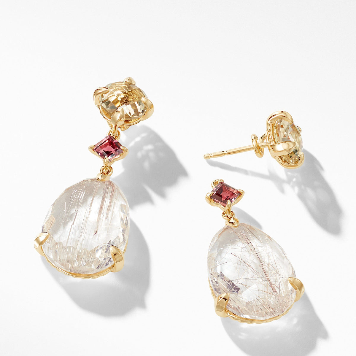 Chatelaine® Drop Earrings in 18K Yellow Gold with Rutilated Quartz, Champagne Citrine, and Pink Tourmaline