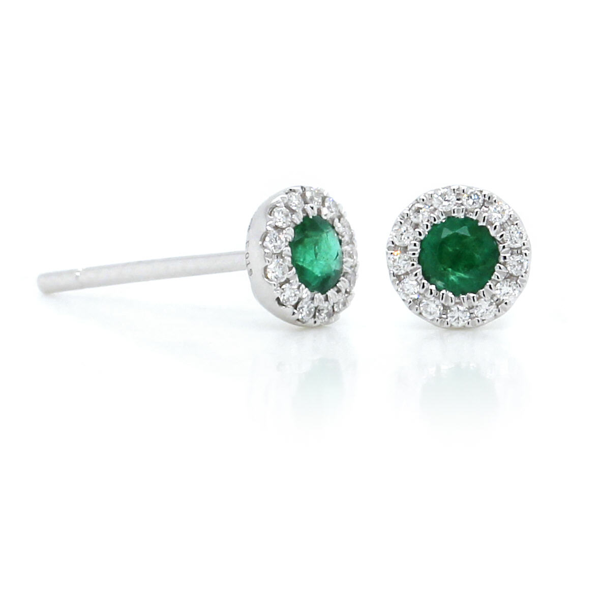 14K White Gold Emerald Diamond Halo Stud Earrings