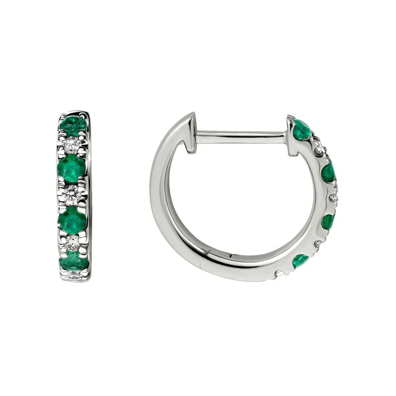 14K White Gold Emerald and Diamond Huggie Earrings, 14k white gold, Long's Jewelers