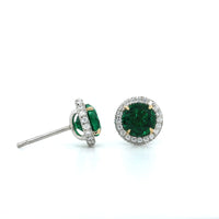 Platinum and 18K Yellow Gold Emerald Diamond Halo Stud Earrings