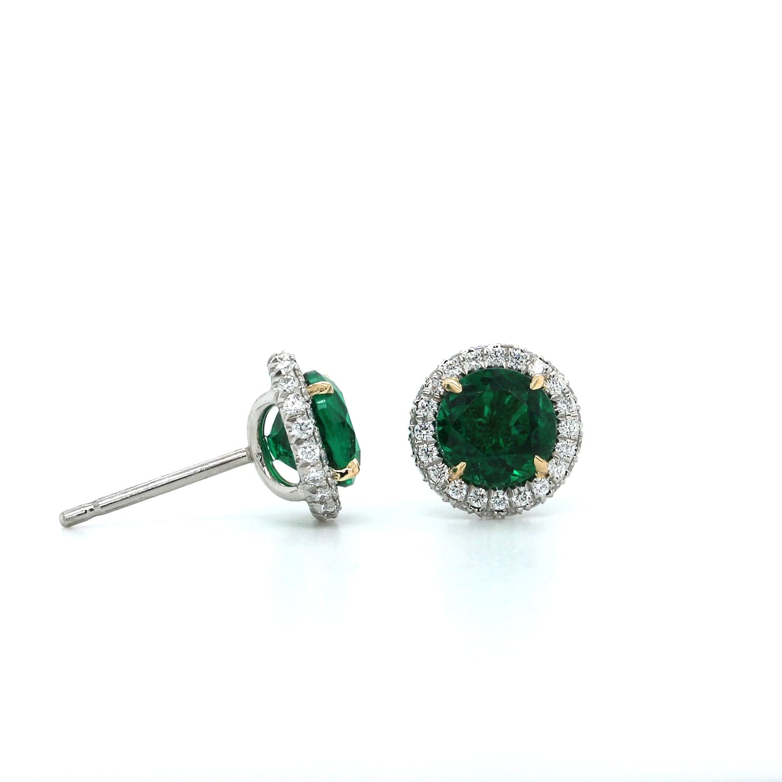 Platinum and 18K Yellow Gold Emerald Diamond Halo Stud Earrings