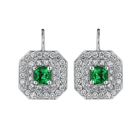 18K White Gold Emerald and Diamond Drop Earrings, 18K White Gold Emerald and Diamond Drop Earrings, Long's Jewelers