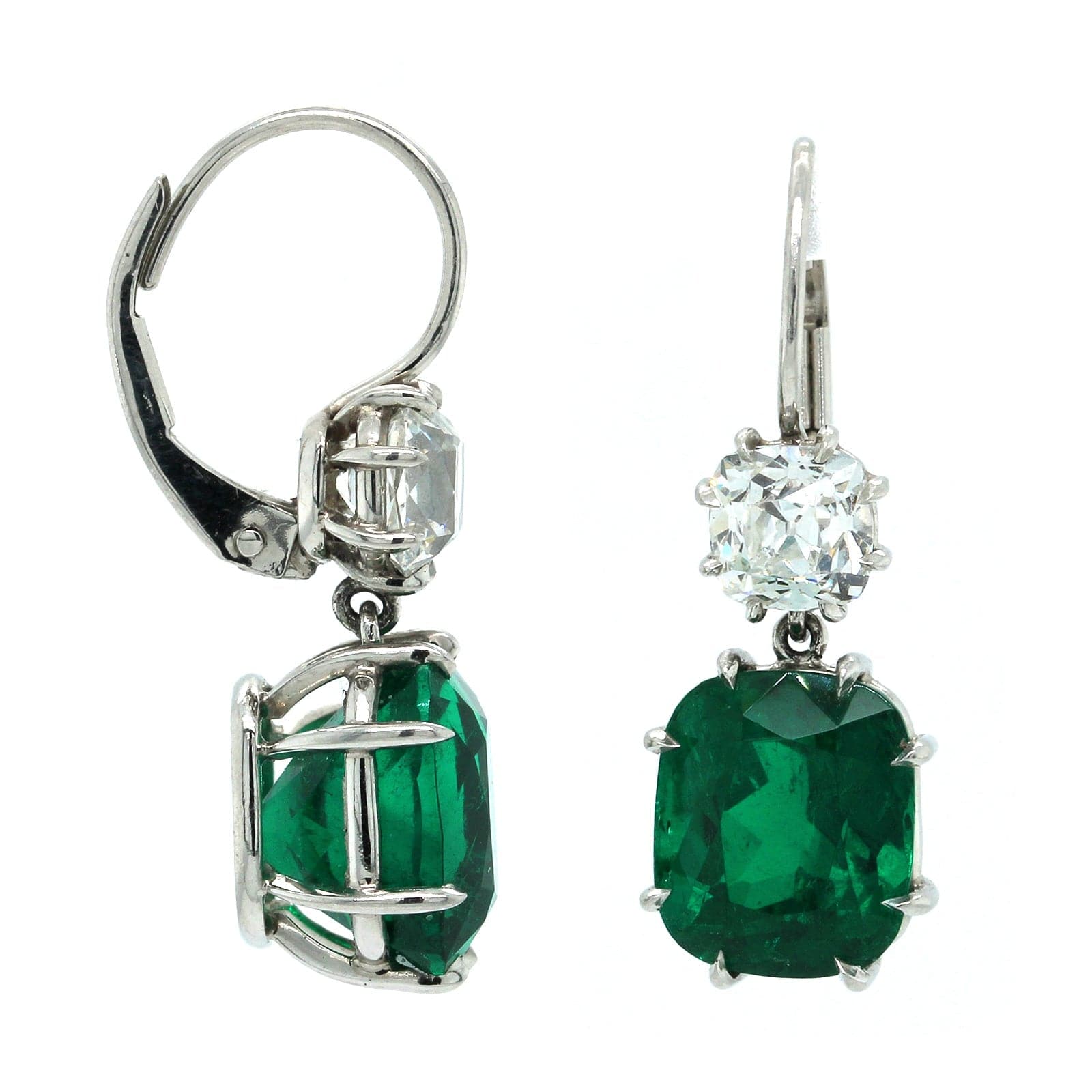Platinum Cushion Emerald Diamond Drop Earrings, Platinum, Long's Jewelers