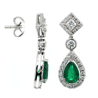18L White Gold Pear Shape Emerald Diamond Drop Earrings, 18k white gold, Long's Jewelers