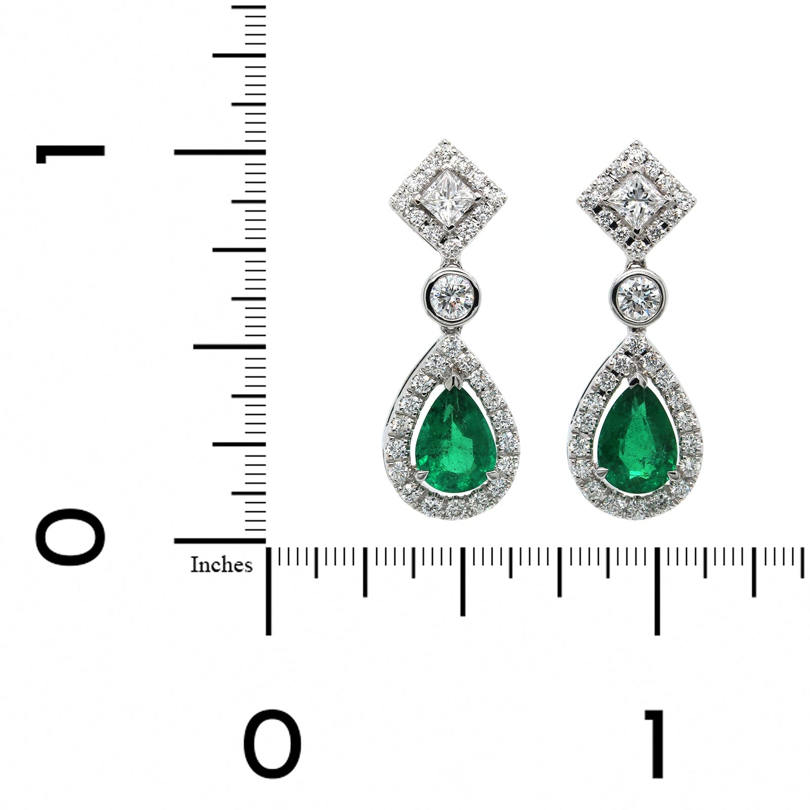 18L White Gold Pear Shape Emerald Diamond Drop Earrings Long's Jewelers