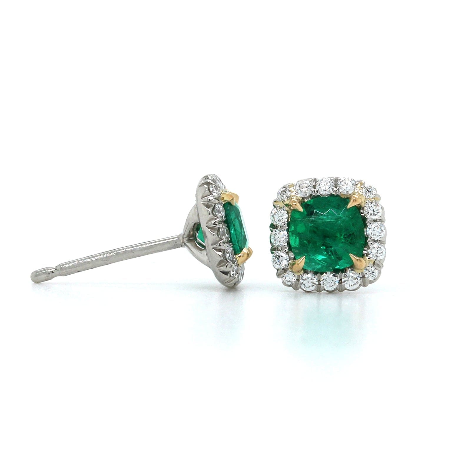 Platinum Cushion Emerald Diamond Halo Stud Earrings, Platinum and 18k yellow gold Long's Jewelry