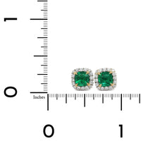 Platinum Cushion Emerald Diamond Halo Stud Earrings, Platinum and 18k yellow gold Long's Jewelry