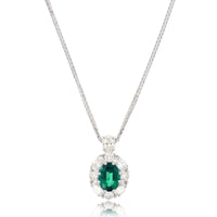 Platinum Oval Emerald and Diamond Halo Pendant