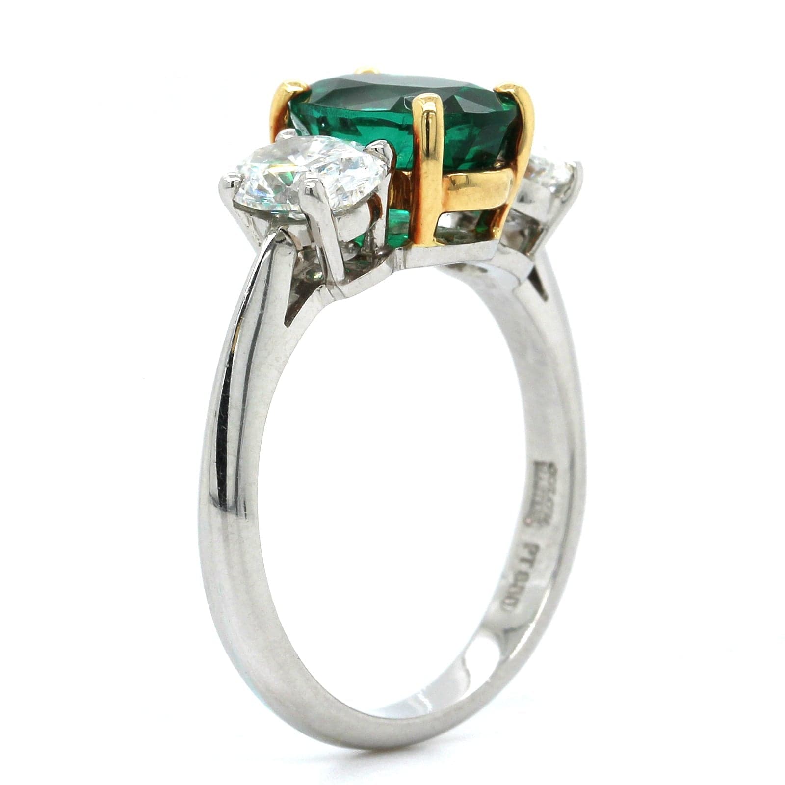 Platinum Oval Emerald and Diamond 3 Stone Ring