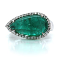 18K White Gold Cabochon Pear Shape Emerald Diamond Ring