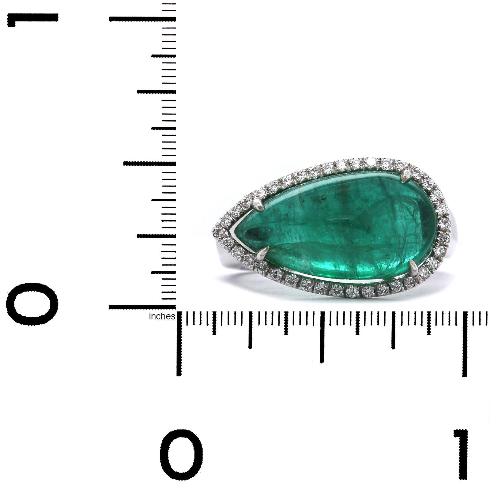 18K White Gold Cabochon Pear Shape Emerald Diamond Ring