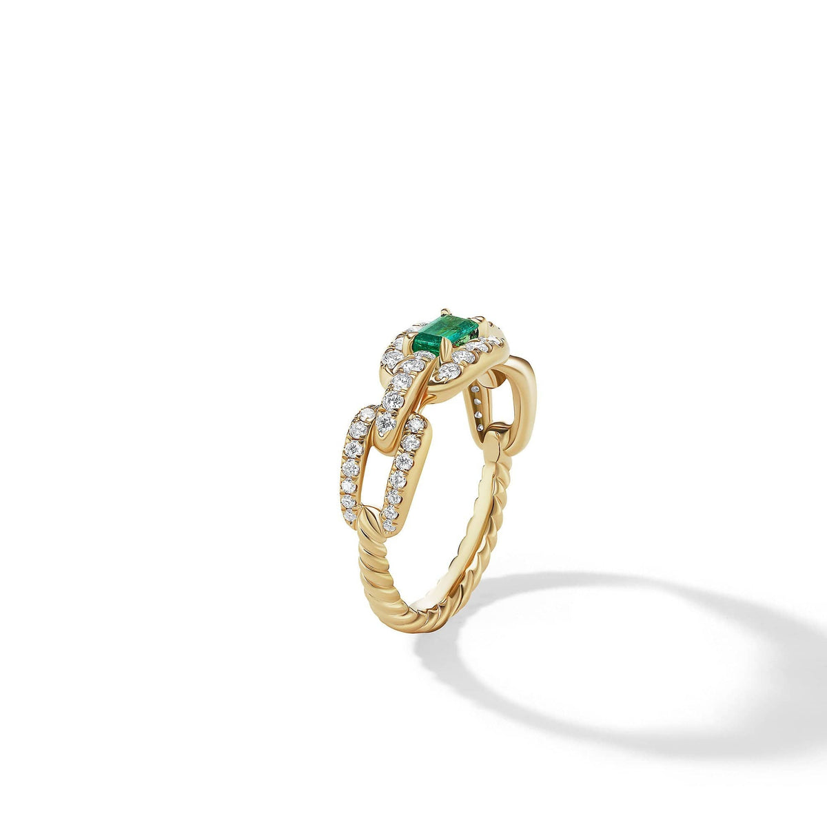 Stax Chain Link Ring in 18K Yellow Gold with Pavé Diamonds and Emerald