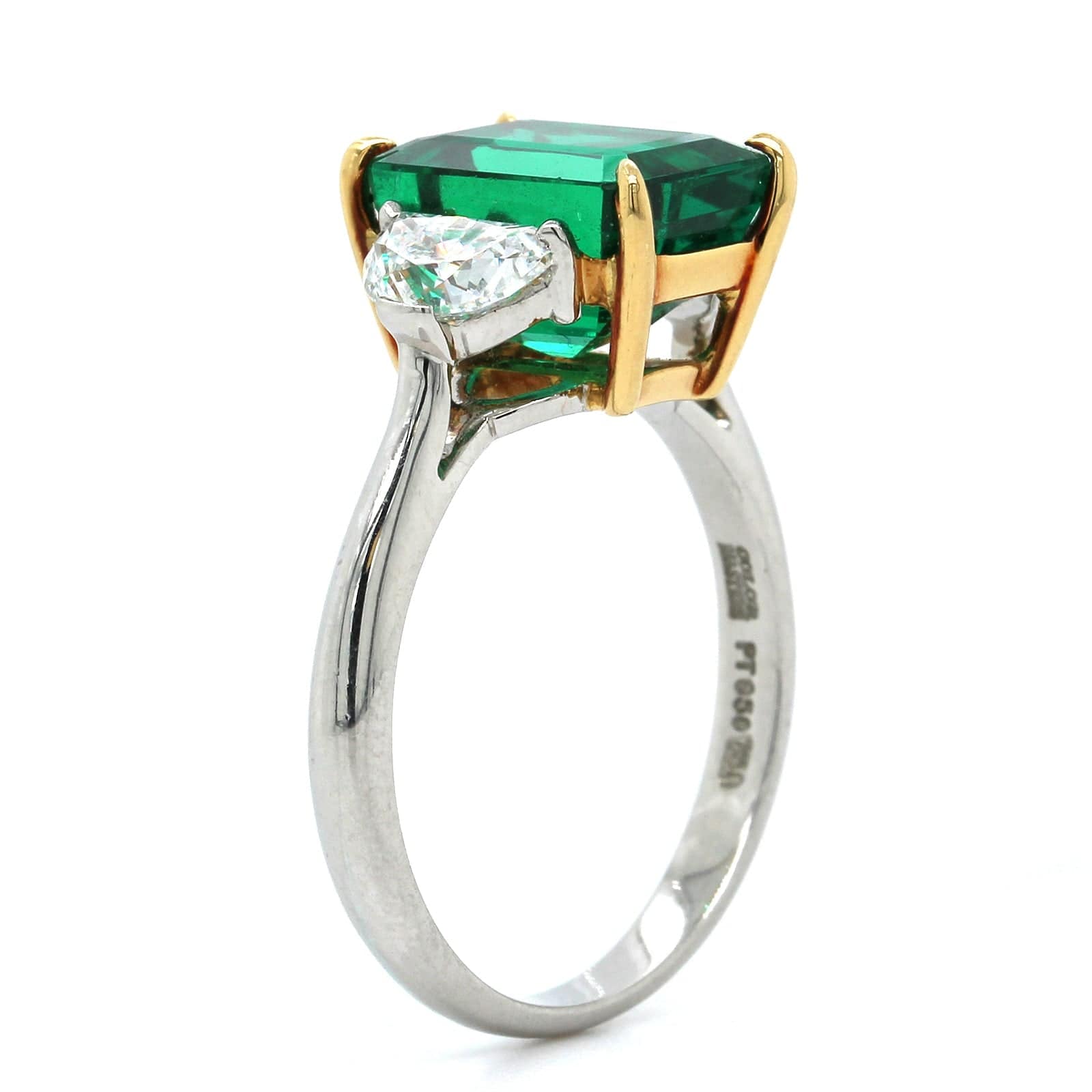 Platinum Emerald Cut Emerald and Diamond 3 Stone Ring
