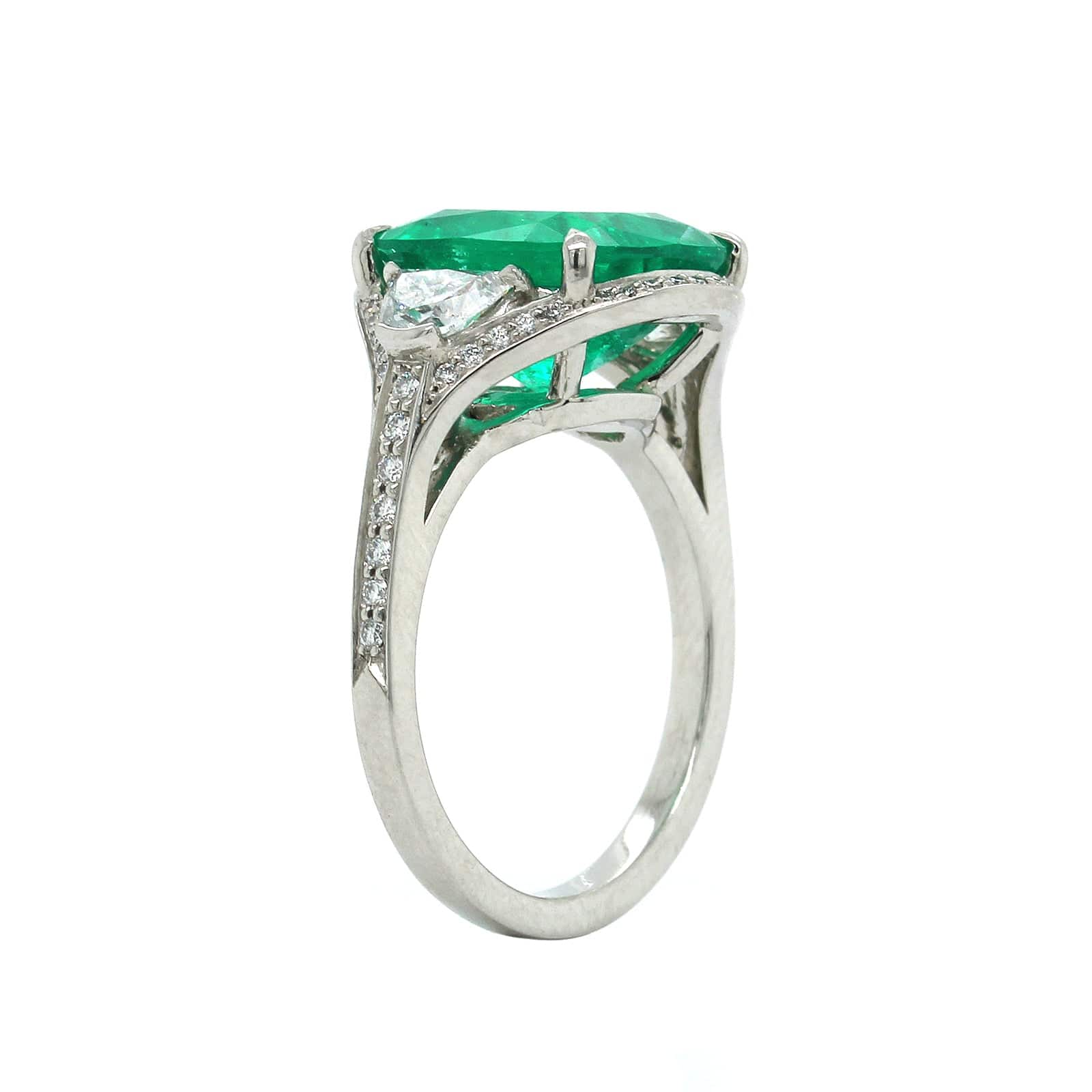 Platinum 3 Stone Cushion Emerald Half Moon Diamond Ring