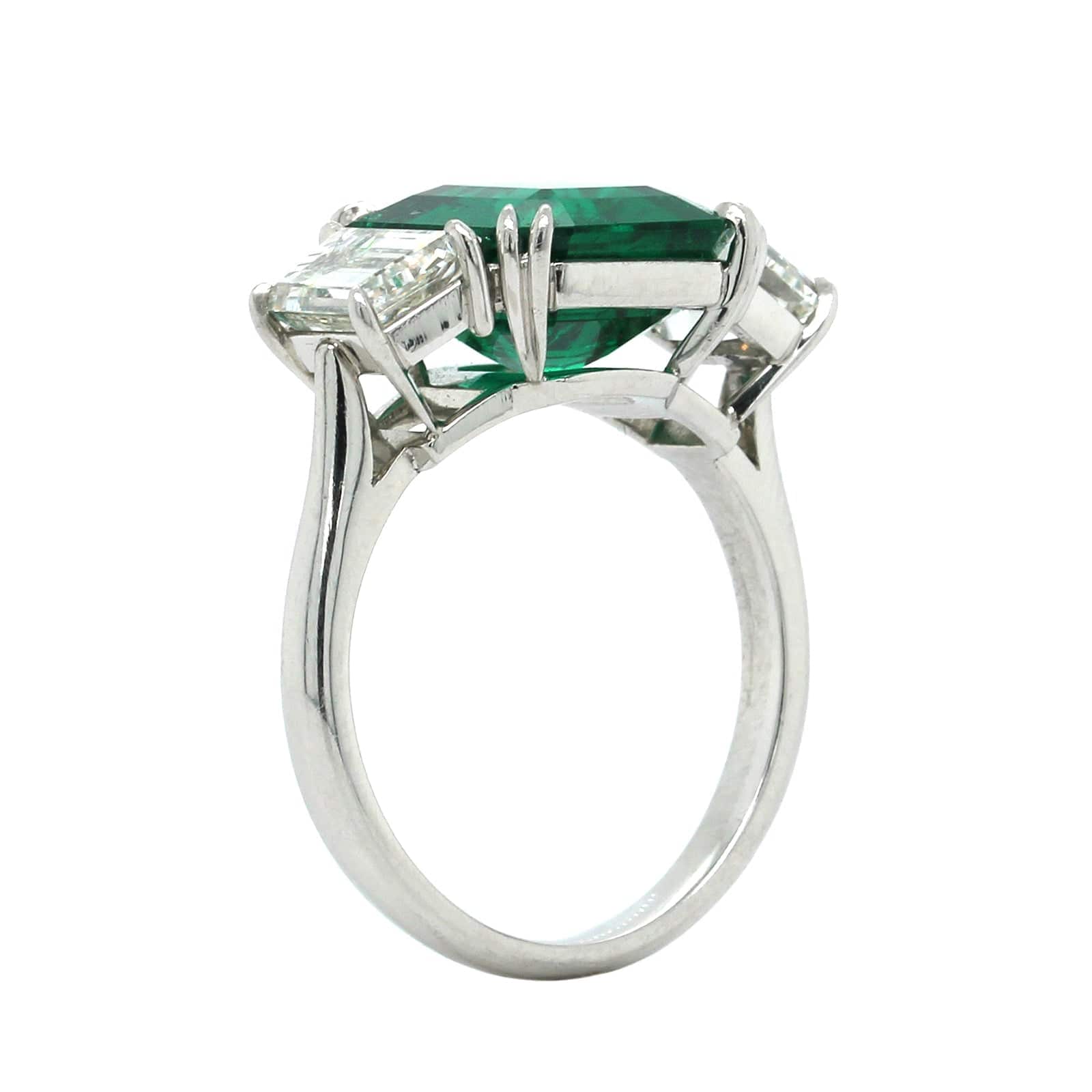 Platinum 3 Stone Emerald and Diamond Ring
