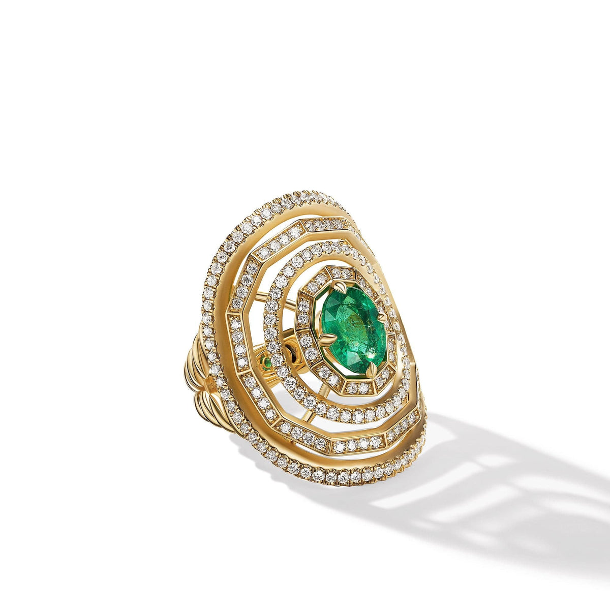 Stax Stone Ring in 18K Yellow Gold with Full Pavé Diamonds and Emerald