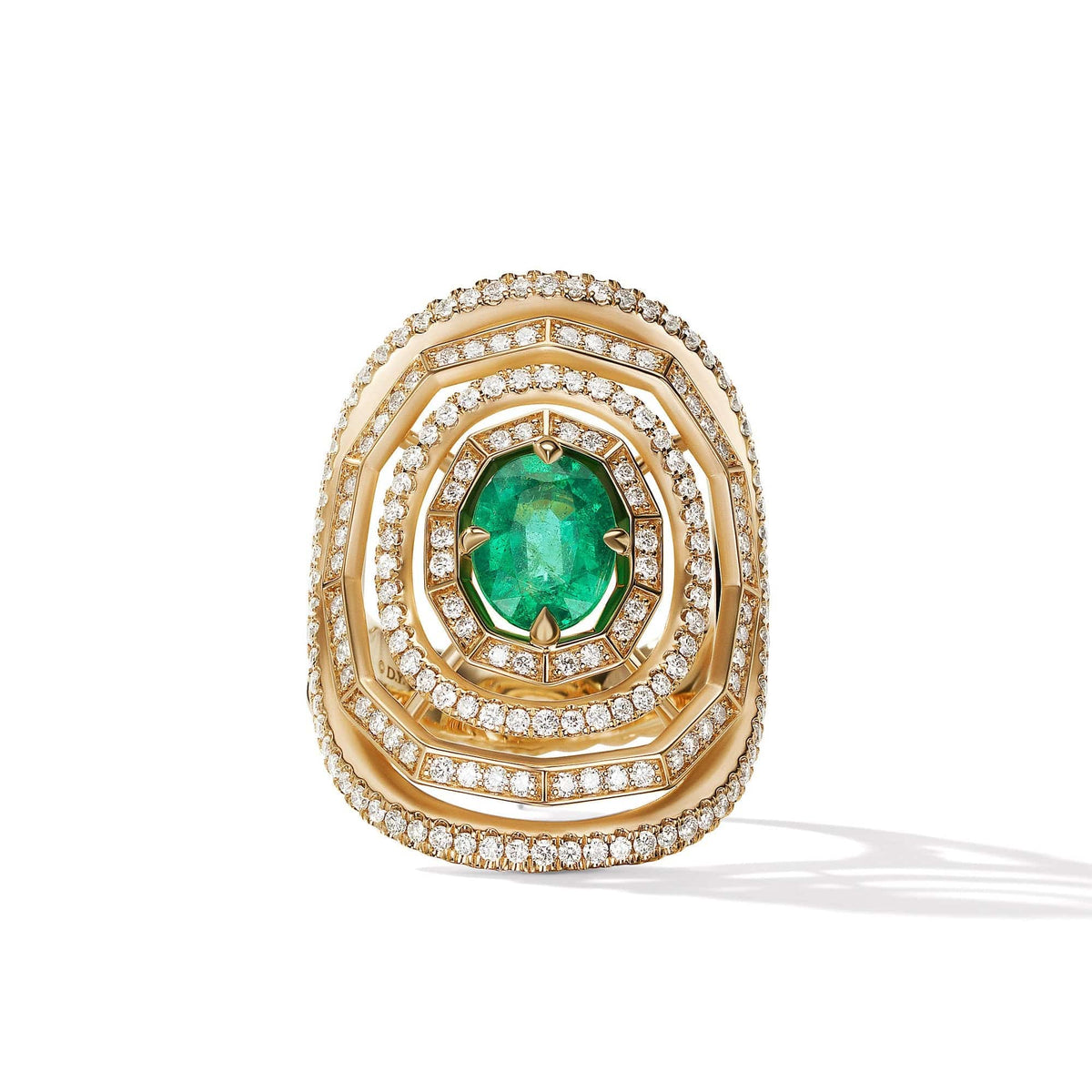 Stax Stone Ring in 18K Yellow Gold with Full Pavé Diamonds and Emerald