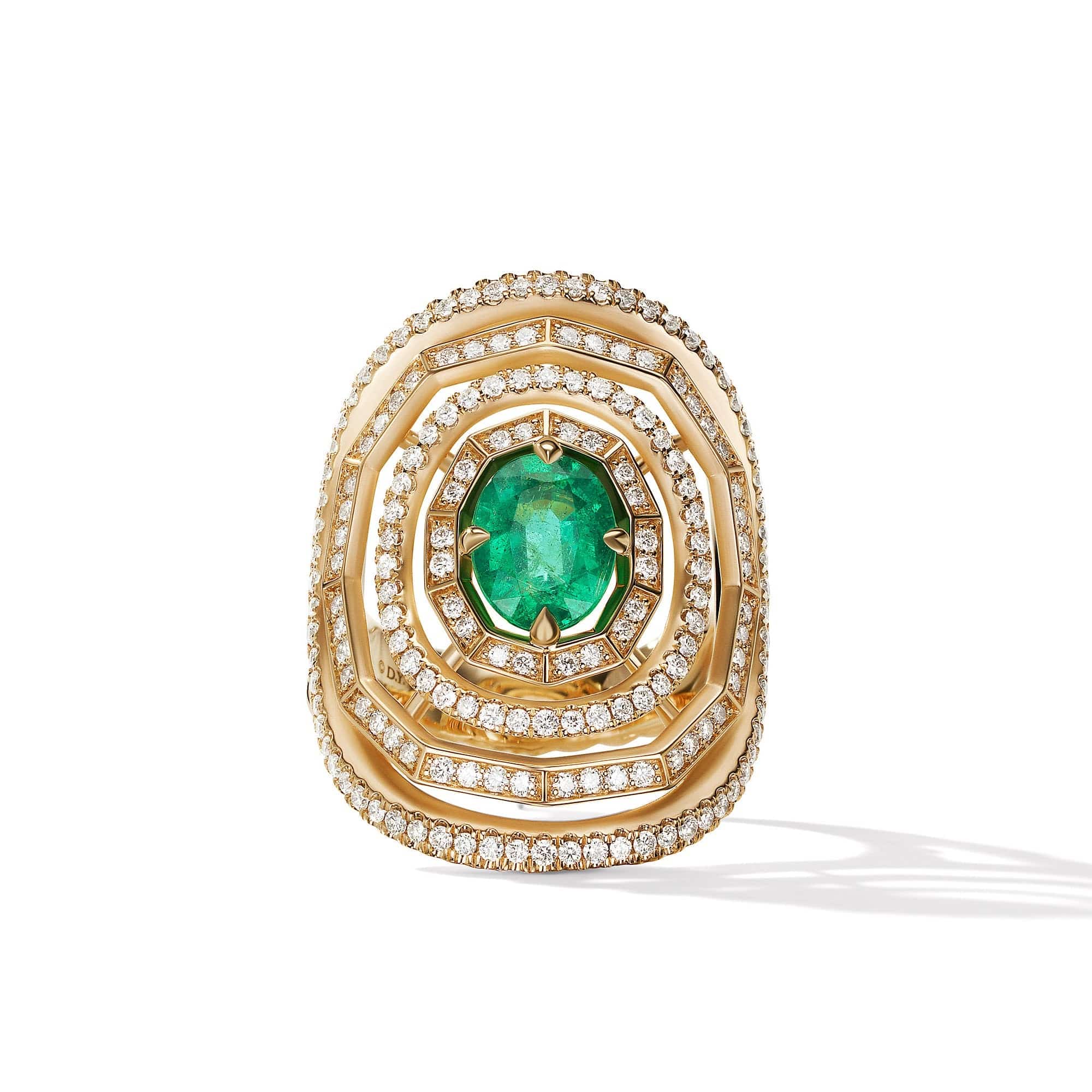 Stax Stone Ring in 18K Yellow Gold with Full Pavé Diamonds and Emerald