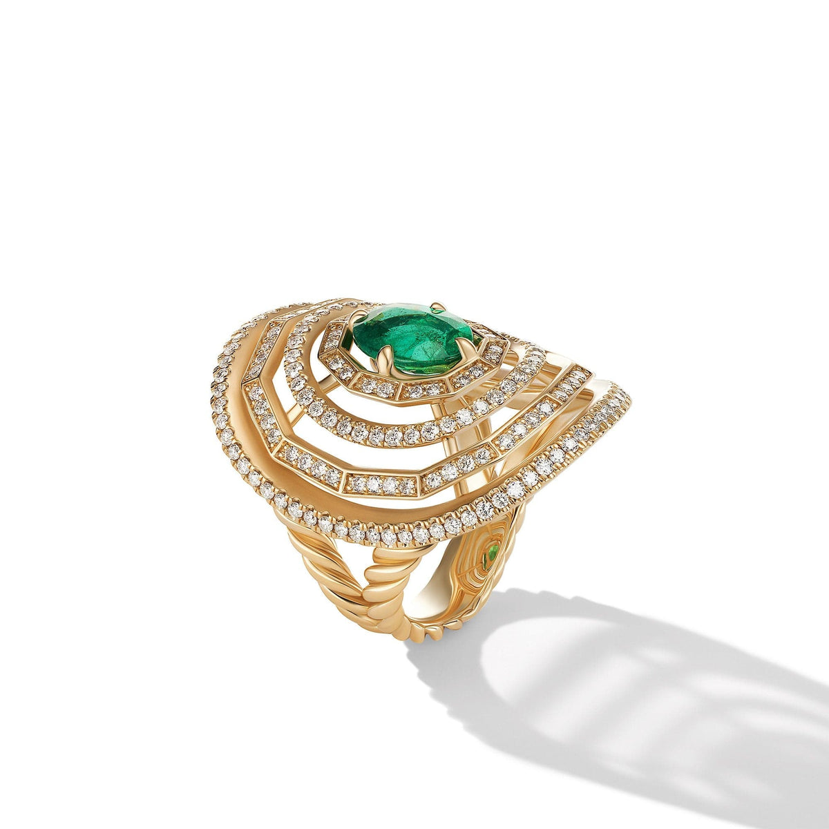 Stax Stone Ring in 18K Yellow Gold with Full Pavé Diamonds and Emerald