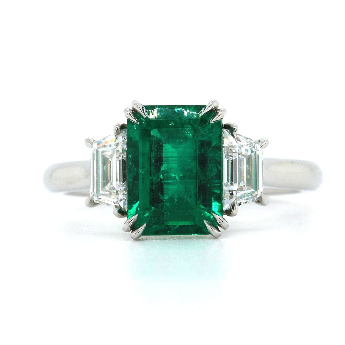 Platinum Emerald Diamond 3 Stone Ring, Platinum Long's Jewelry