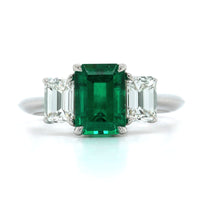 Platinum Emerald Cut Emerald and Diamond 3 Stone Ring, Platinum, Long's Jewelers