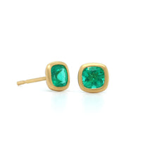 18K Yellow Gold Cushion Emerald Studs