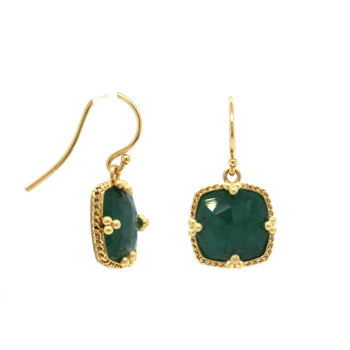 18K Yellow Gold Cushion Emerald Drop Earrings