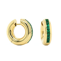 18K Yellow Gold Channel Set Emerald Huggie Earrings