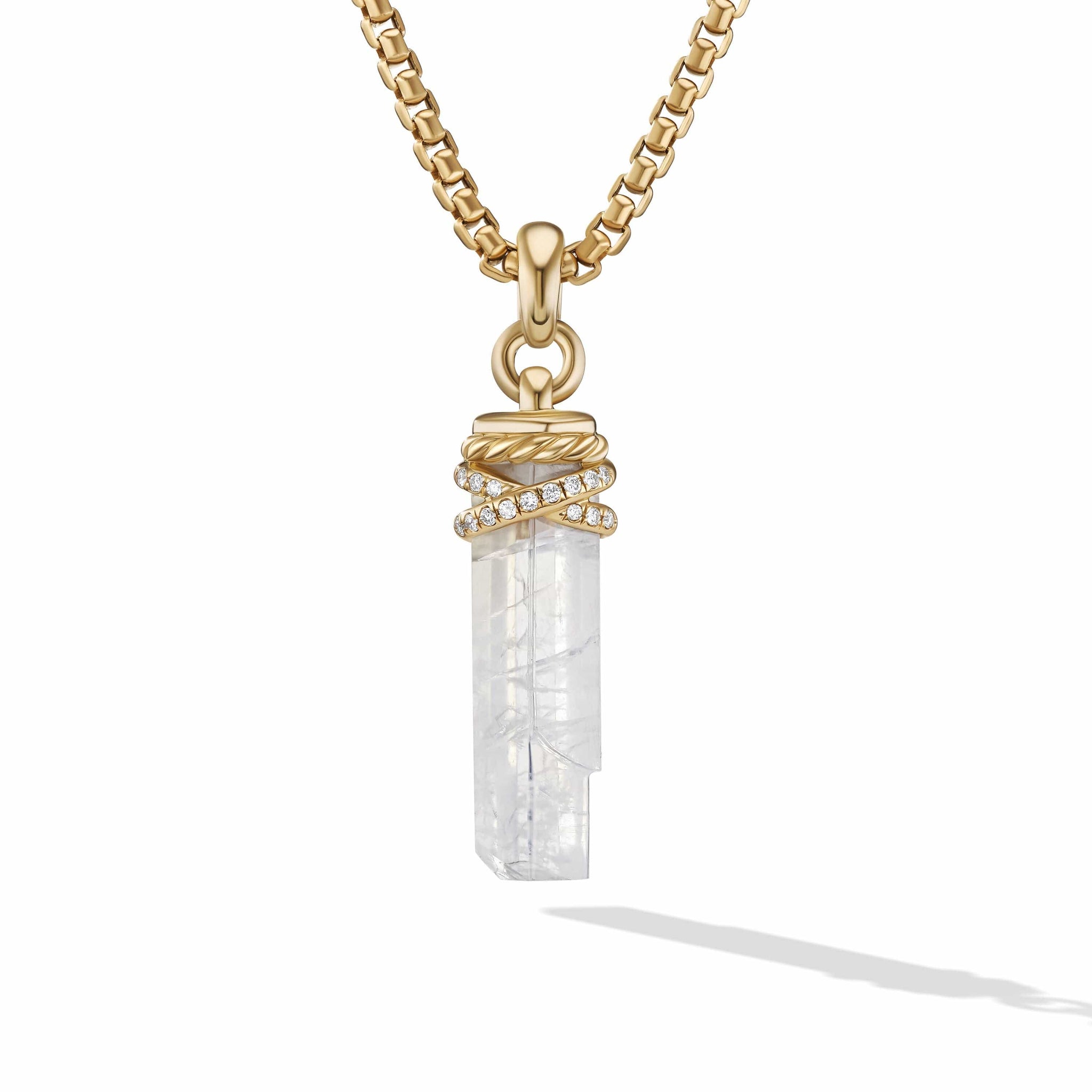 Wrapped Rainbow Moonstone Crystal Amulet with 18K Yellow Gold and Pavé Diamonds