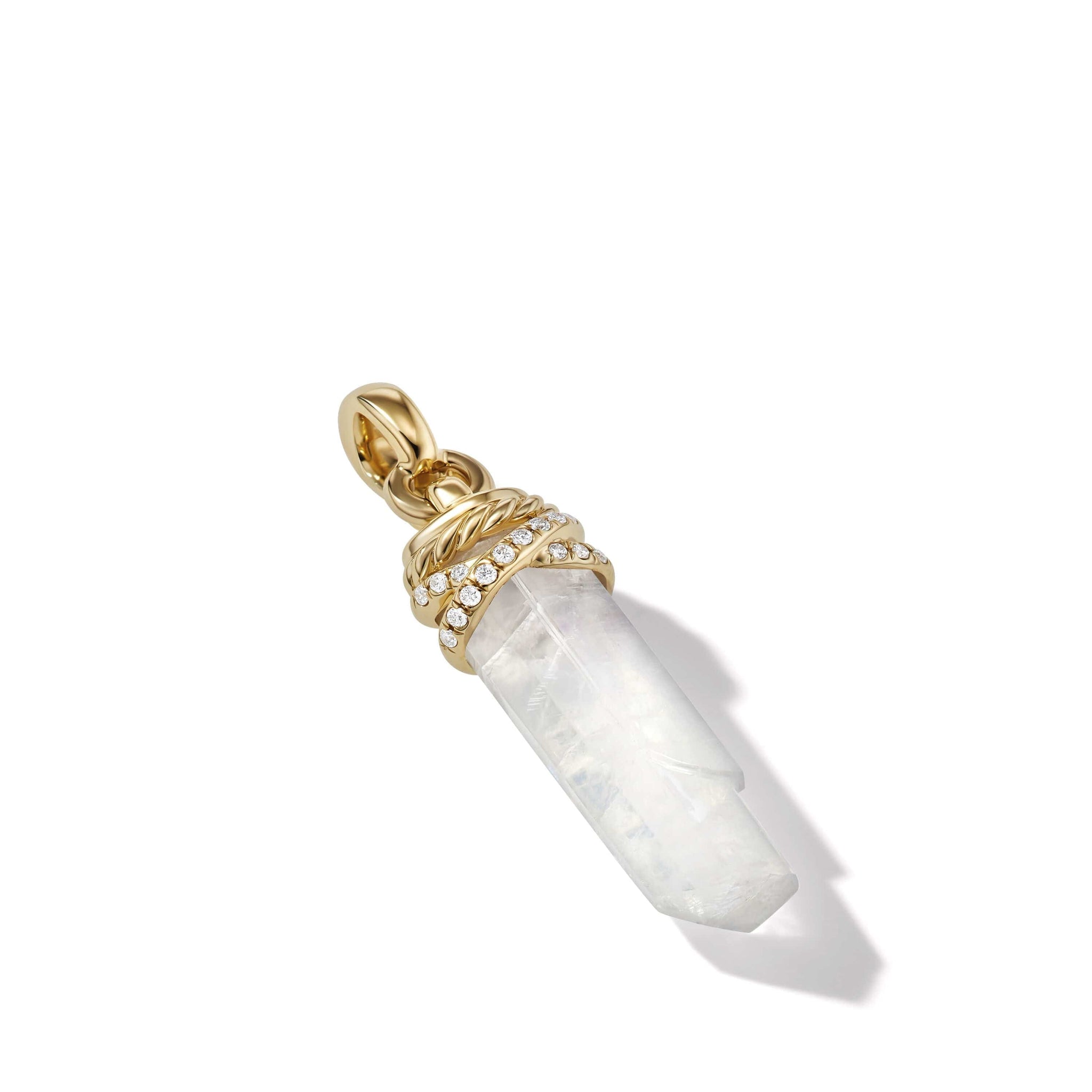 Wrapped Rainbow Moonstone Crystal Amulet with 18K Yellow Gold and Pavé Diamonds