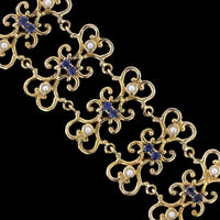14K Yellow Gold Estate Sapphire and Cultured Pearl Bracelet