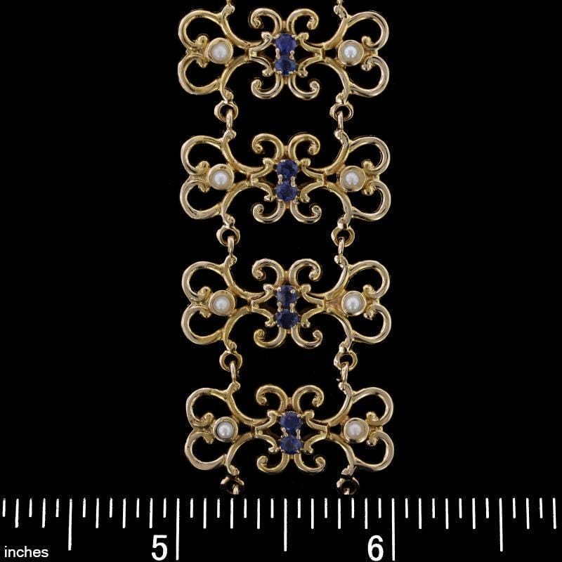 14K Yellow Gold Estate Sapphire and Cultured Pearl Bracelet