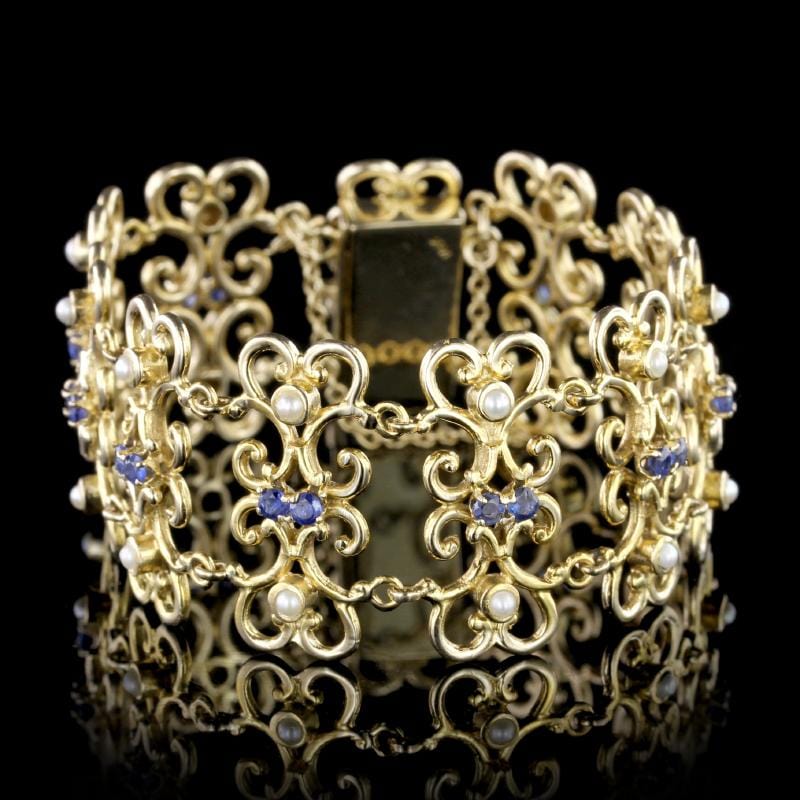 14K Yellow Gold Estate Sapphire and Cultured Pearl Bracelet