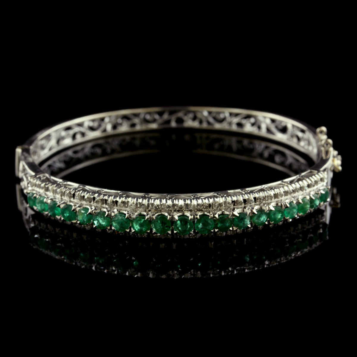 14K White Gold Estate Emerald and Diamond Bangle