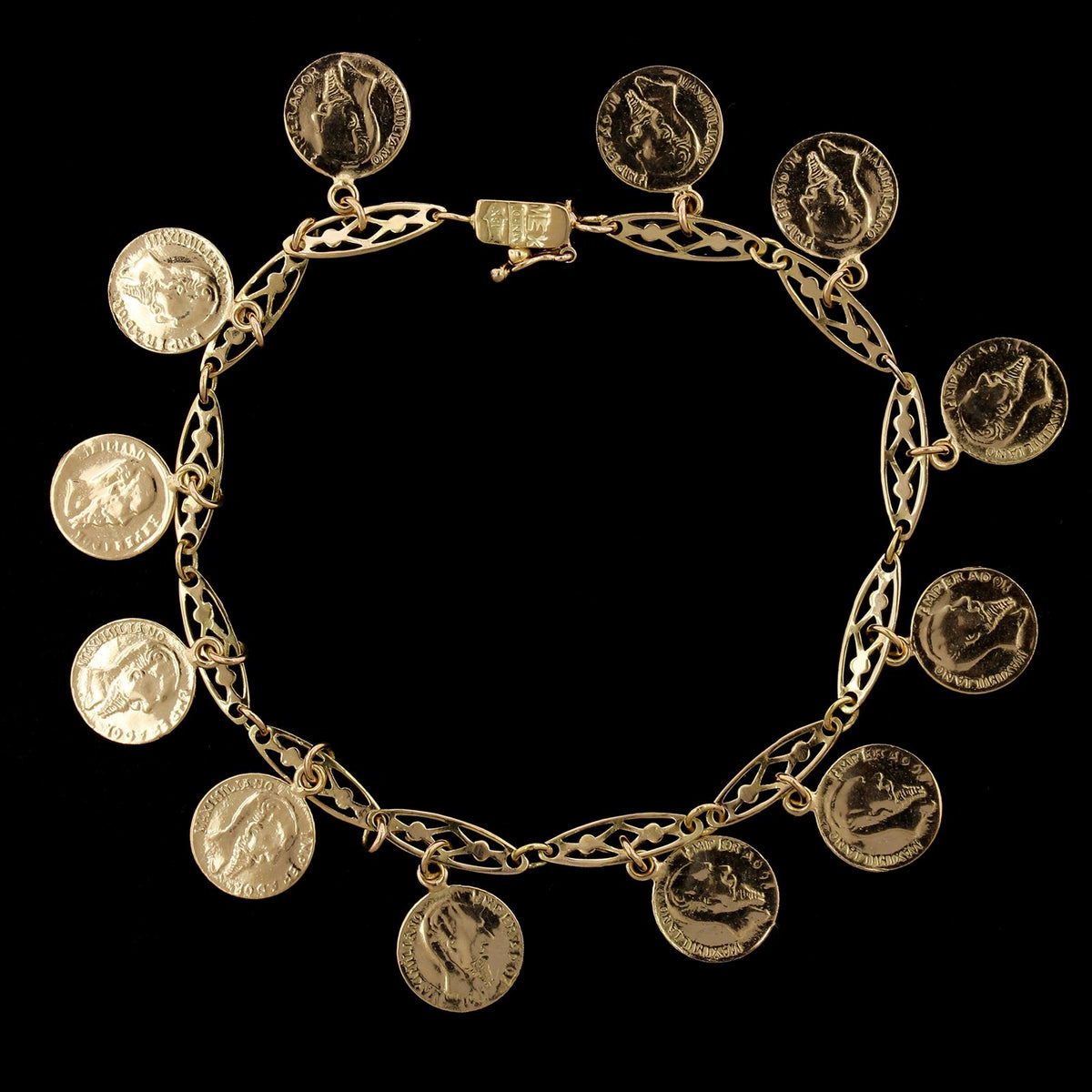 18K Yellow Gold Estate Coin Style Charm Bracelet