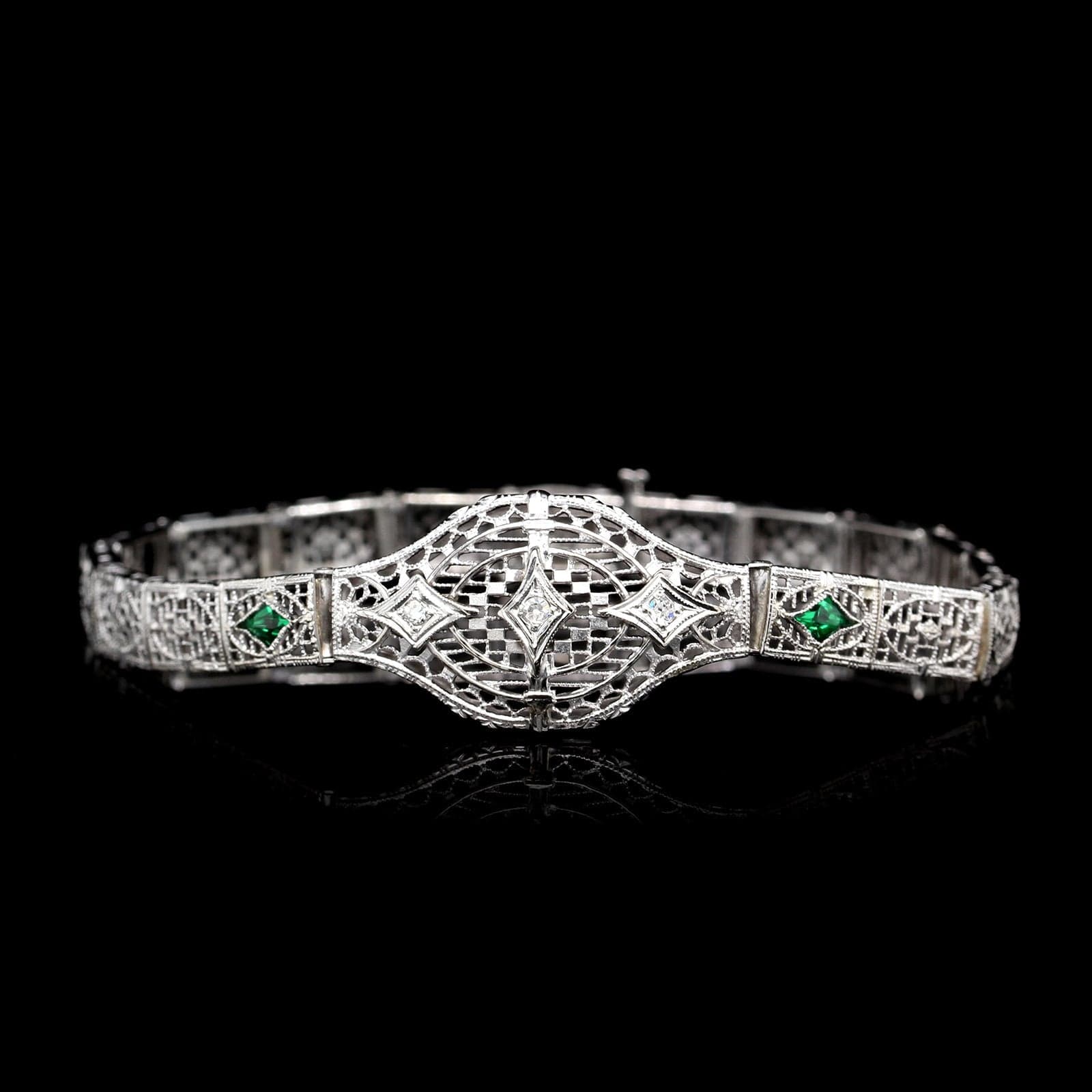 Vintage 14K White Gold Estate Synthetic Emerald and Diamond Bracelet