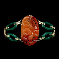 Vintage Walter Lampl 14K Yellow Gold Estate, Carnelian and Dyed Green Chalcedony Bracelet