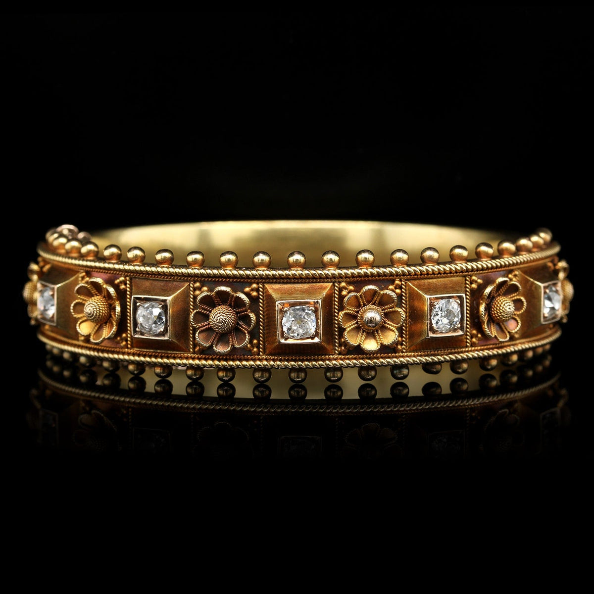 Antique 14K Yellow Gold Estate Etruscan Revival Diamond Bangle