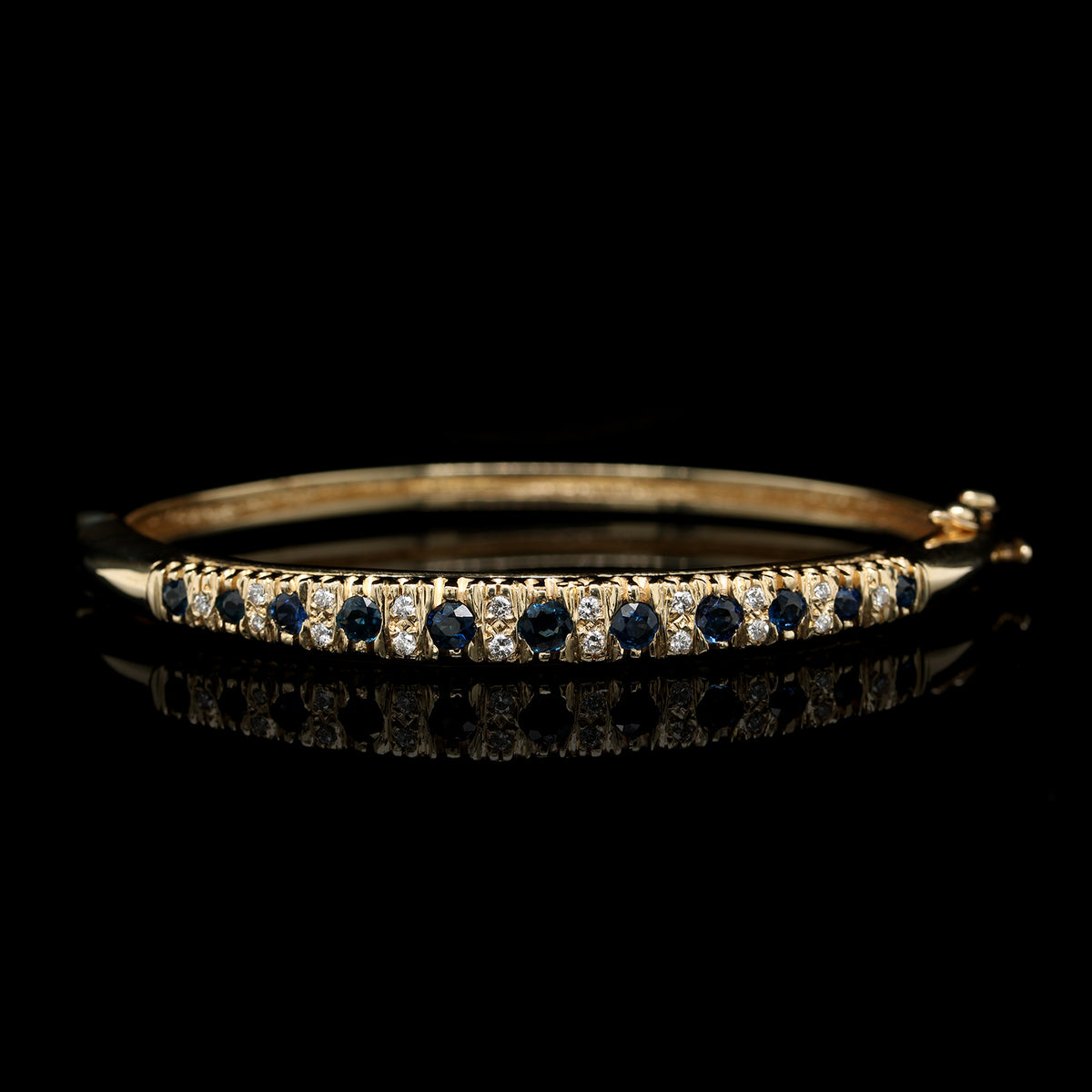 14K Yellow Gold Estate Sapphire and Diamond Hinged Bangle Bracelet