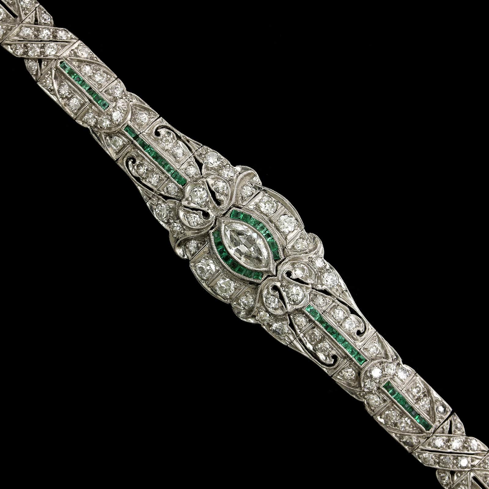 Art Deco Platinum Estate Diamond and Emerald Bracelet