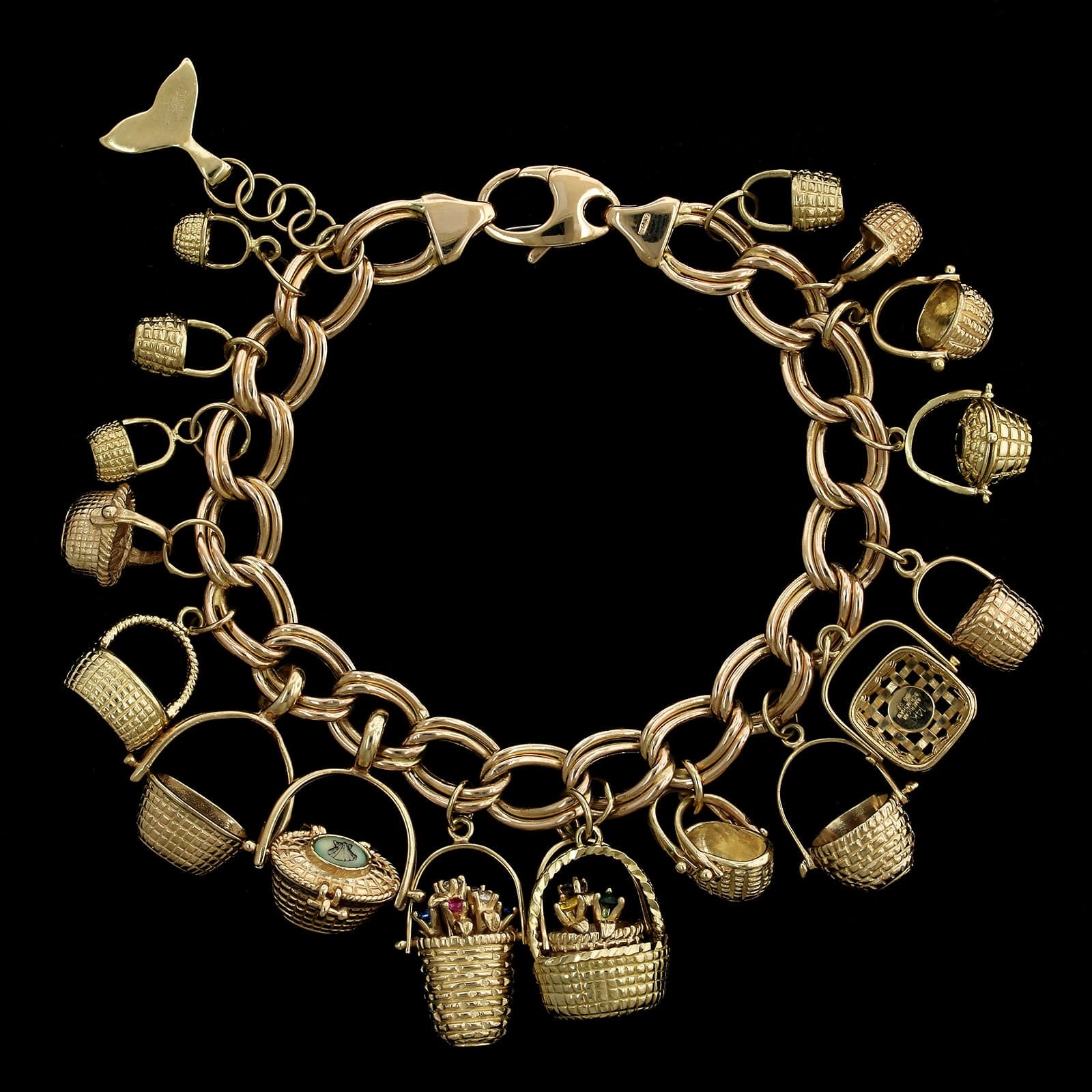 14K Yellow Gold Estate Gem Set Nantucket Basket Charm Bracelet