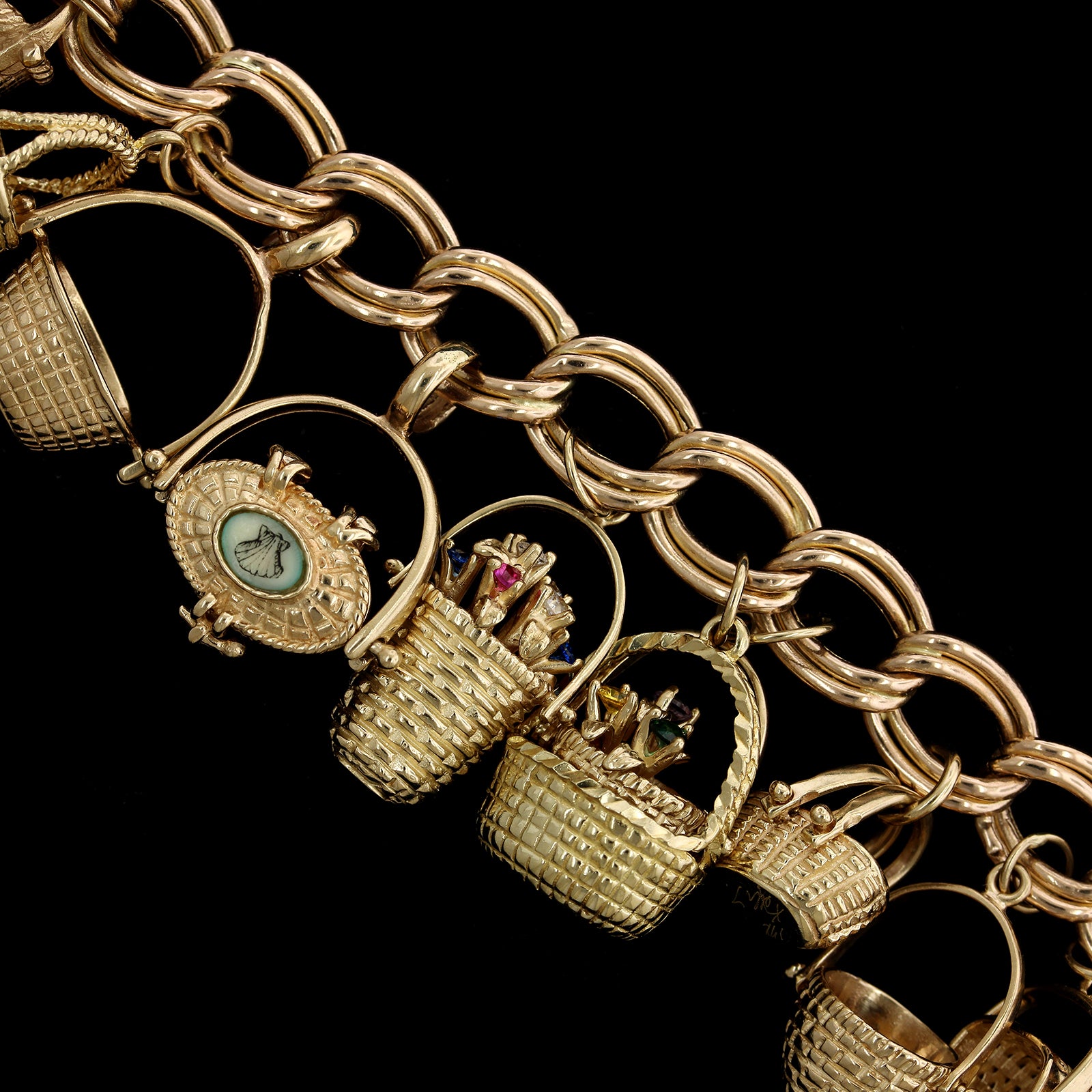 14K Yellow Gold Estate Gem Set Nantucket Basket Charm Bracelet