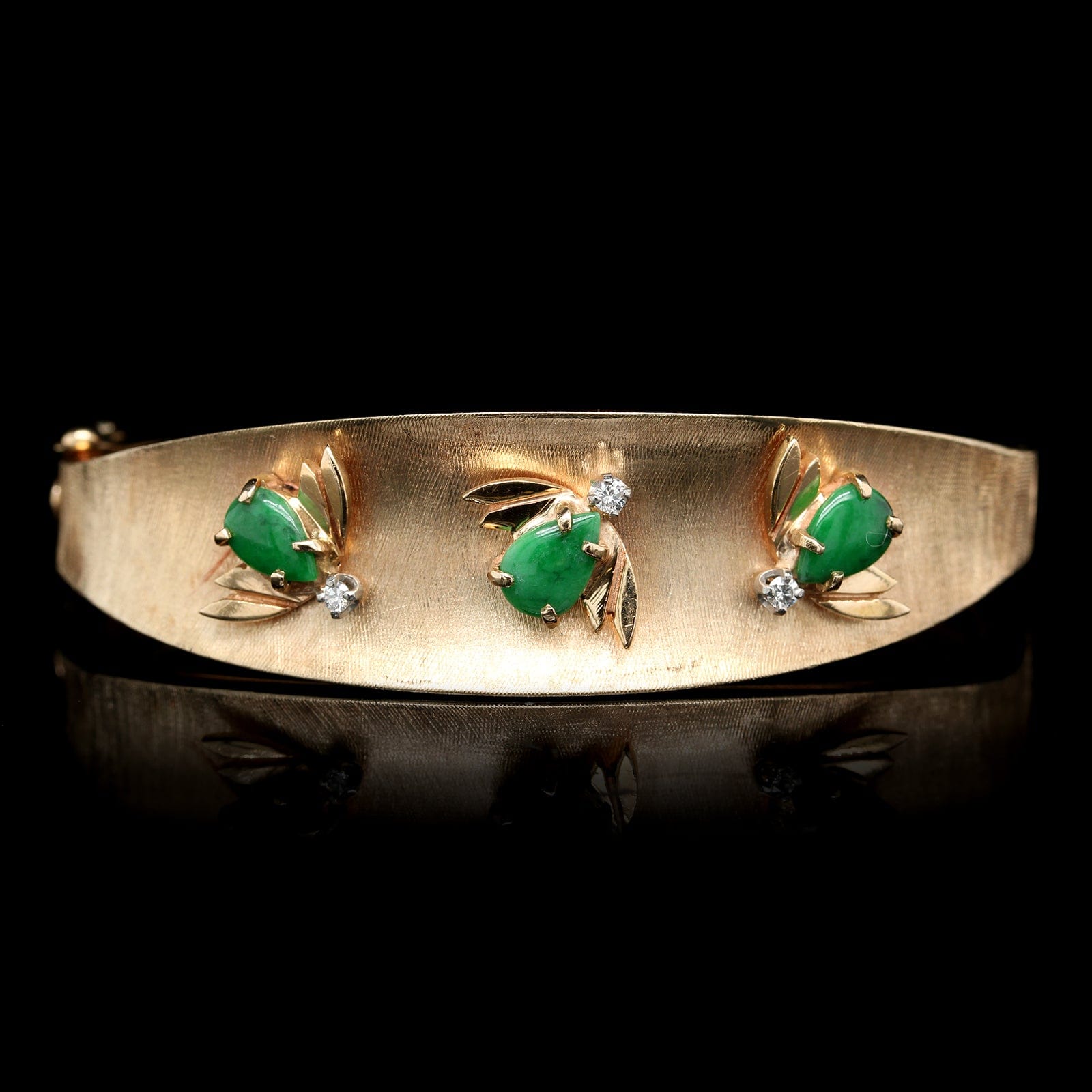 14K Yellow Gold Estate Jade and Diamond Bug Bangle Bracelet