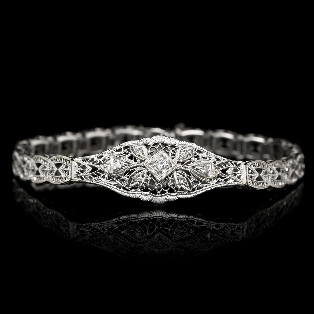 Vintage 14K White Gold Estate Filigree Diamond Bracelet