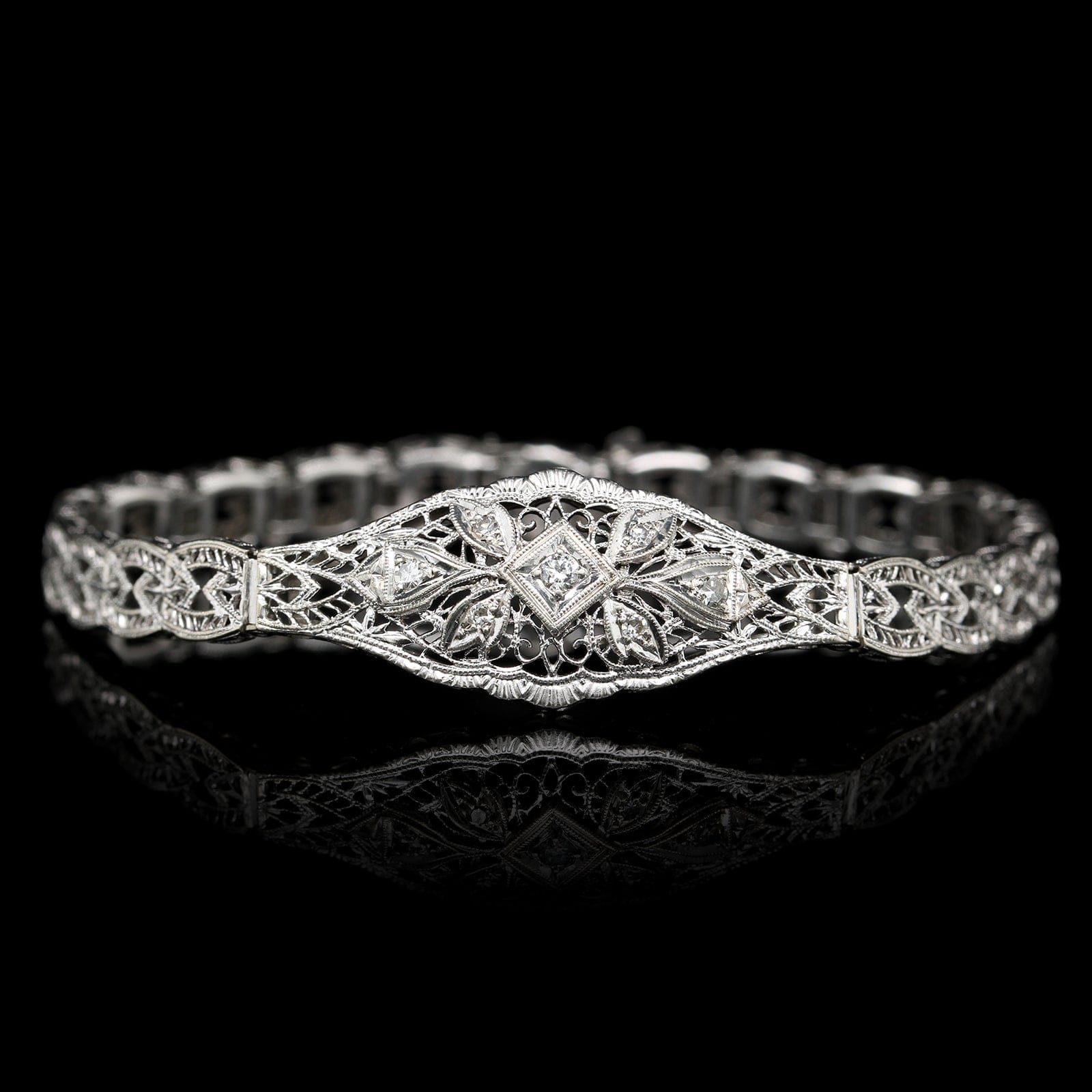 Vintage 14K White Gold Estate Filigree Diamond Bracelet