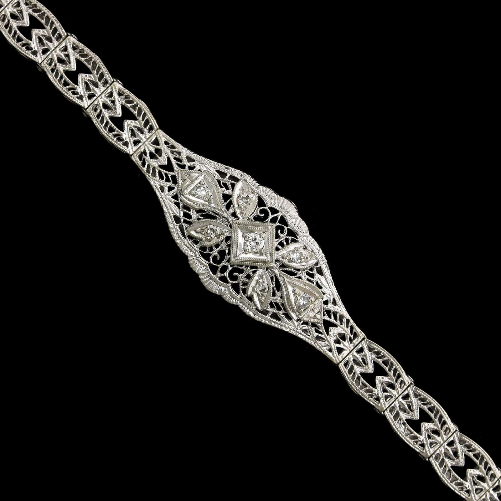 Vintage 14K White Gold Estate Filigree Diamond Bracelet
