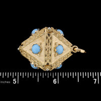 18K Yellow Gold Estate Synthetic Turquoise Etruscan Style Pendant