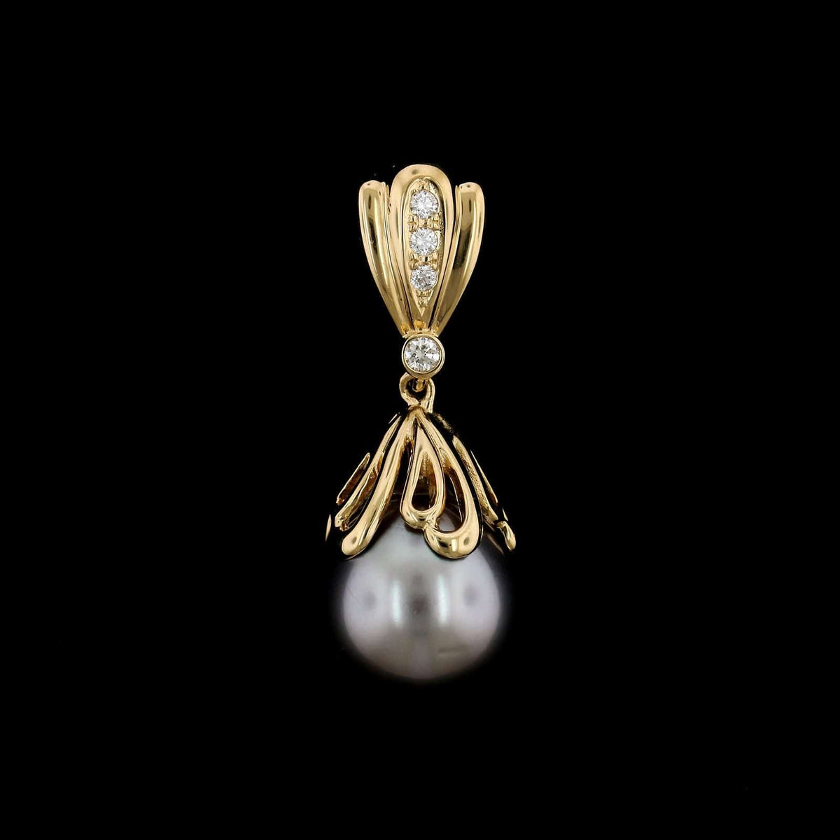18K Yellow Gold Estate Cultured Black South Sea Pearl and Diamond Pendant Enhancer, 14k yellow gold, Long's Jewelers