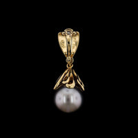 18K Yellow Gold Estate Cultured Black South Sea Pearl and Diamond Pendant Enhancer, 14k yellow gold, Long's Jewelers